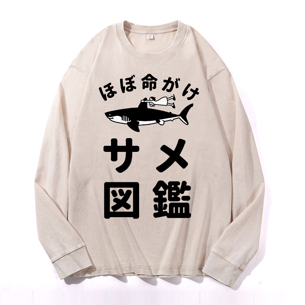 Shark Girl Vintage Cotton Wash Crewneck Long-Sleeve T-Shirt