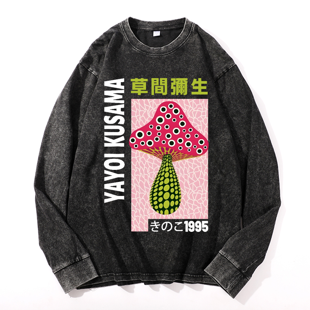 Yayoi Kusama Mushroom Vintage Cotton Wash Crewneck Long-Sleeve T-Shirt