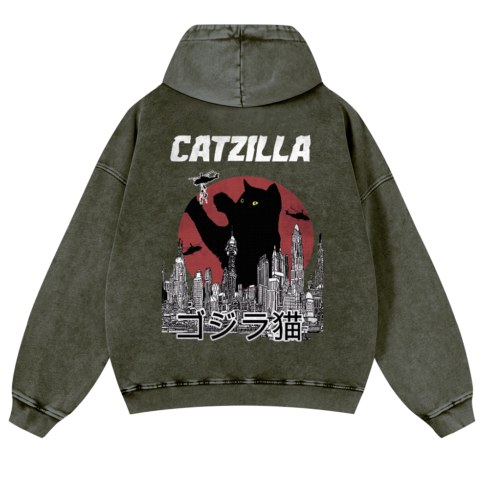 Catzilla Cat Kaiju Vintage Washed Cotton Back Art Hoodie