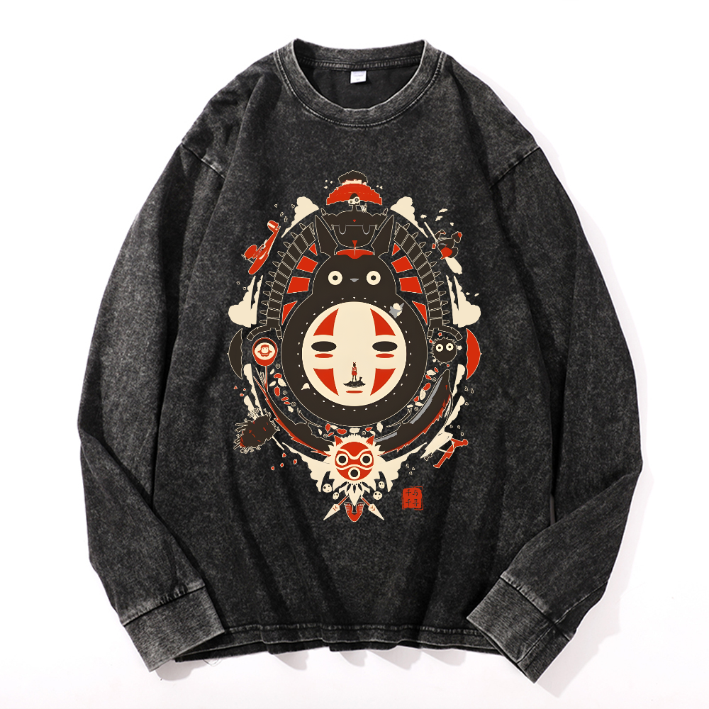 Ghibli Totoro No Face Kaonashi Vintage Cotton Wash Long-sleeve T-shirt