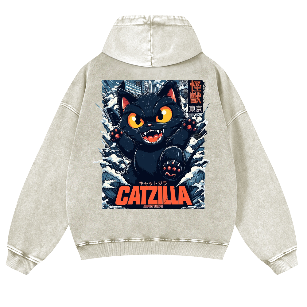 Catzilla Cat Kaiju Vintage Washed Cotton Back Art Hoodie