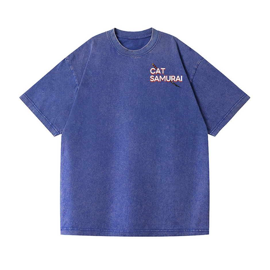 Cat Samurai Vintage Wash Japanese Design Back Art T-Shirt