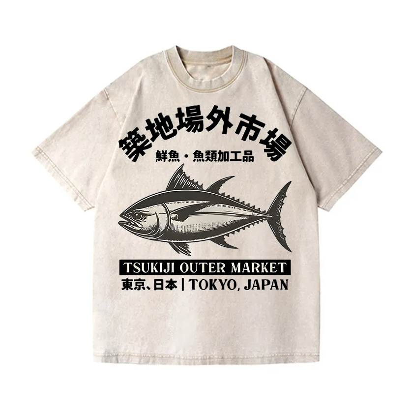 Tsukiji Market Tuna Fish Vintage Wash Japanese Design T-Shirt