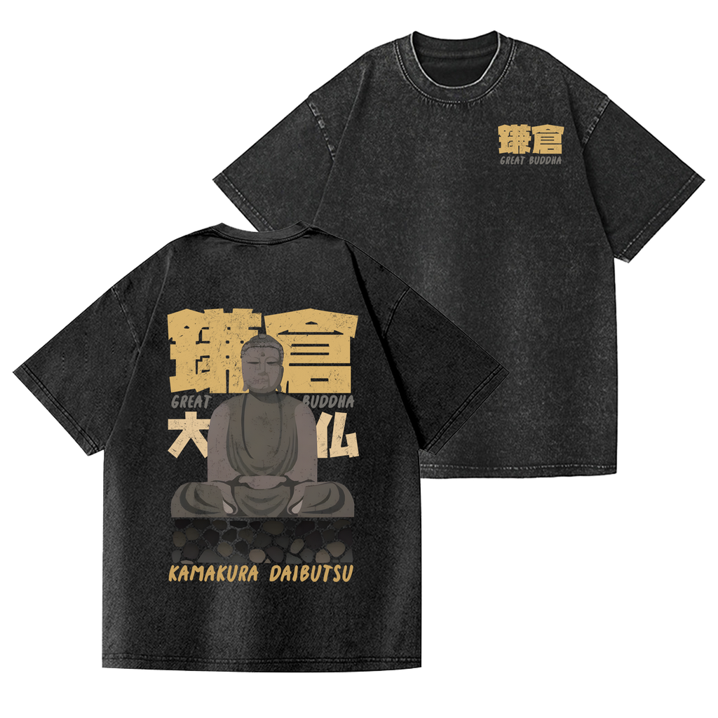 Buddhism Kamakura Daibutsu Great Buddha Vintage Wash Japanese Design Back Art T-Shirt