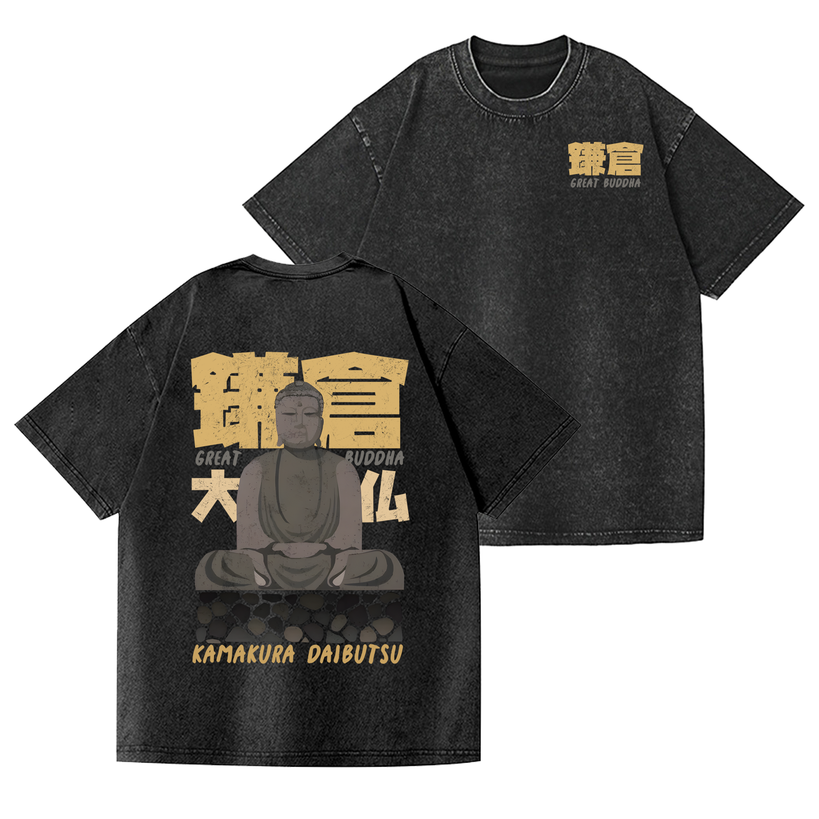 Buddhism Kamakura Daibutsu Great Buddha Vintage Wash Japanese Design Back Art T-Shirt