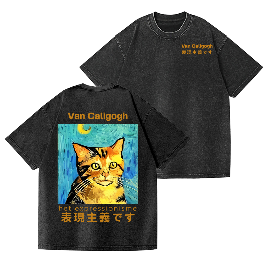 Cat Van Caligogh Vintage Wash Japanese Design Back Art T-Shirt