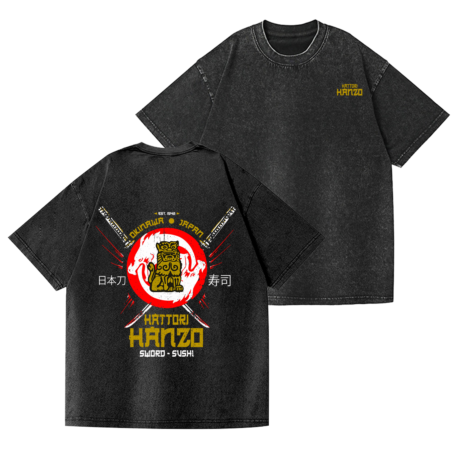 Stone Lion Vintage Wash Japanese Design Back Art T-Shirt