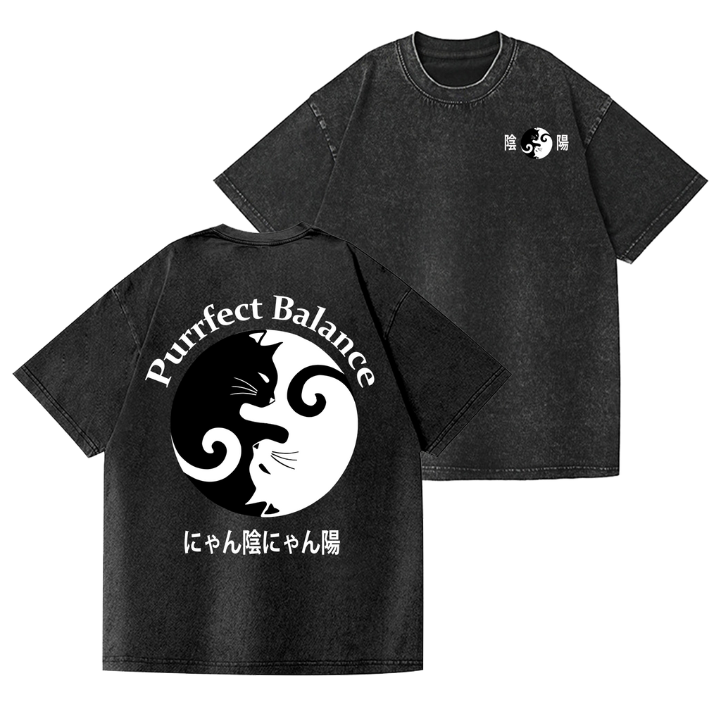 Yin-yang Cat Vintage Wash Japanese Design Back Art T-Shirt