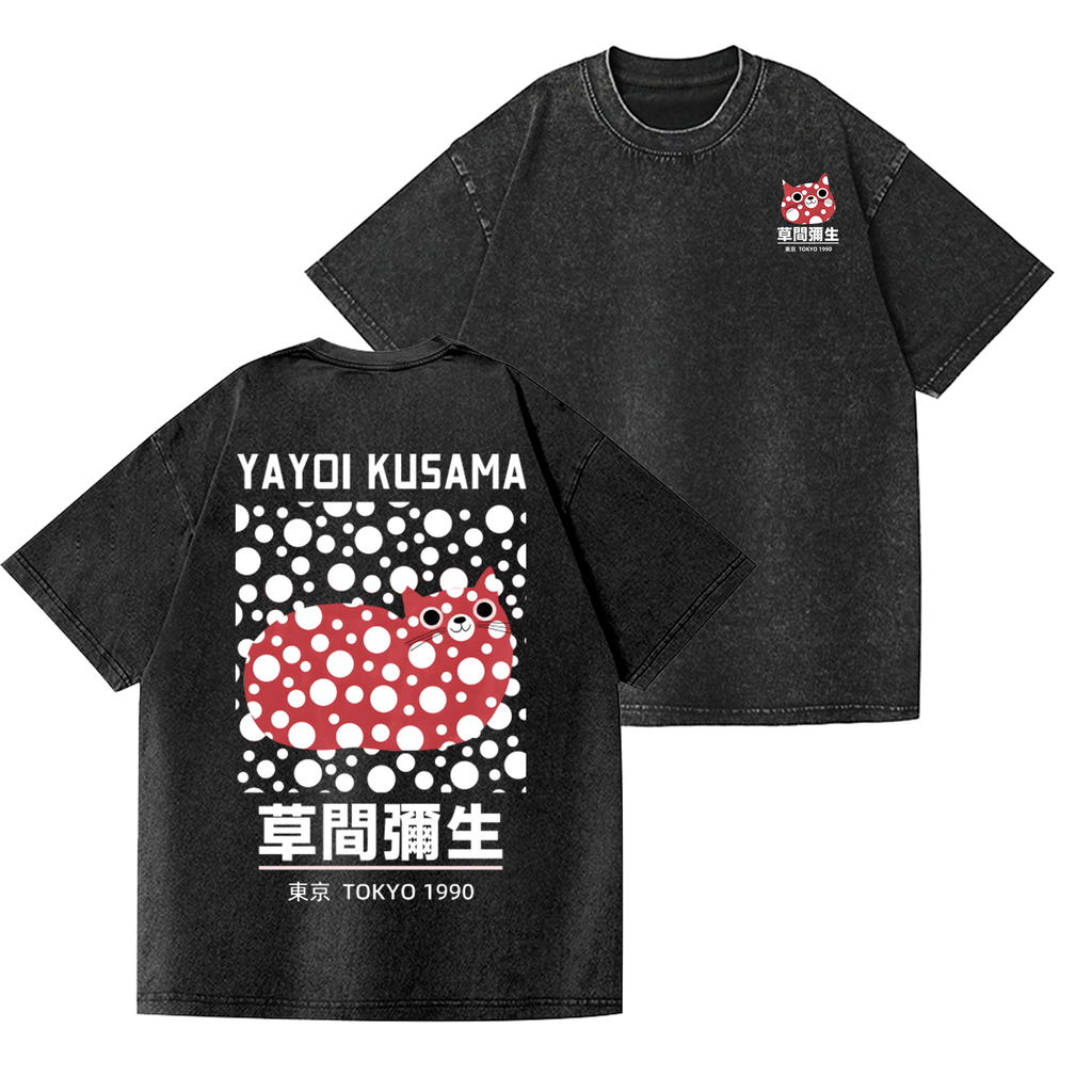Yayoi Kusama Cat Vintage Wash Japanese Design Back Art T-Shirt