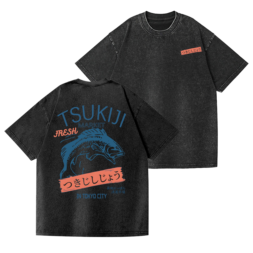 Tsukiji Market Vintage Wash Japanese Design Back Art T-Shirt