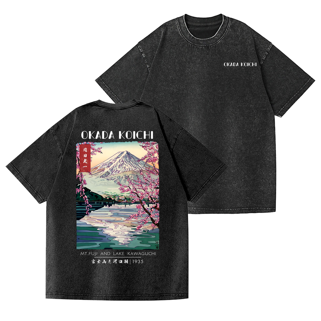 Okada Koichi Fuji Mount  Vintage Wash Japanese Design Back Art T-Shirt