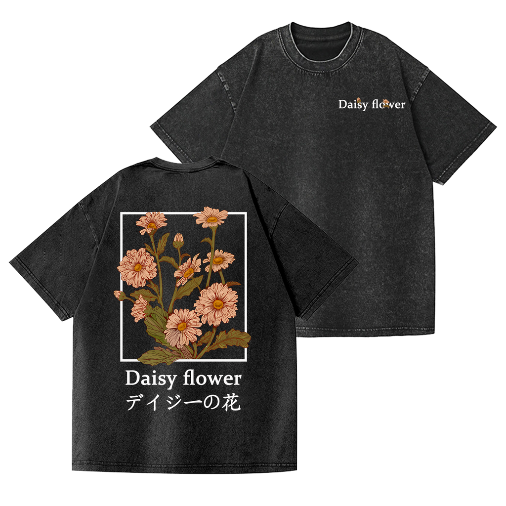 Daisy Flower Vintage Wash Japanese Design Back Art T-Shirt