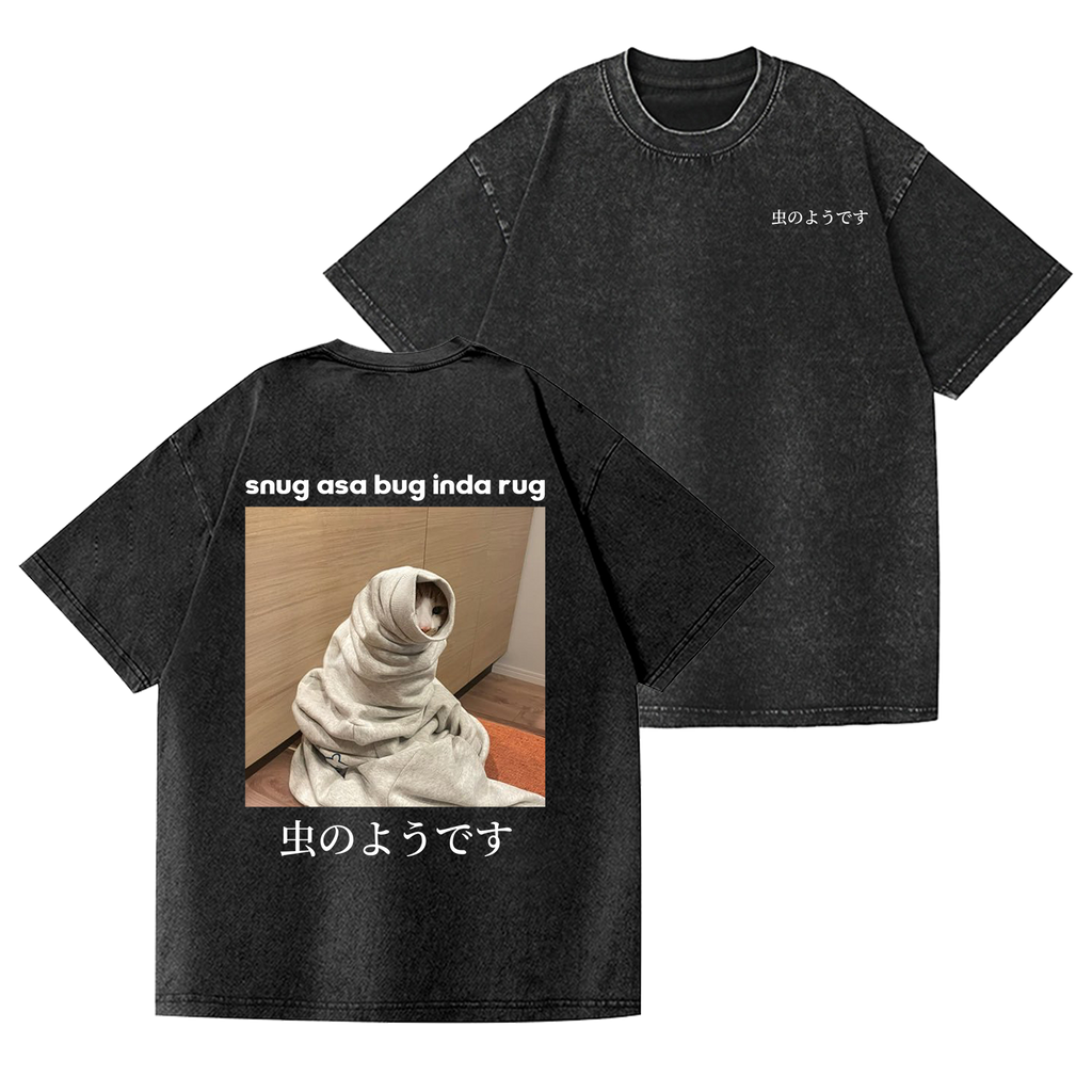 Snug Cat Vintage Wash Japanese Design Back Art T-Shirt