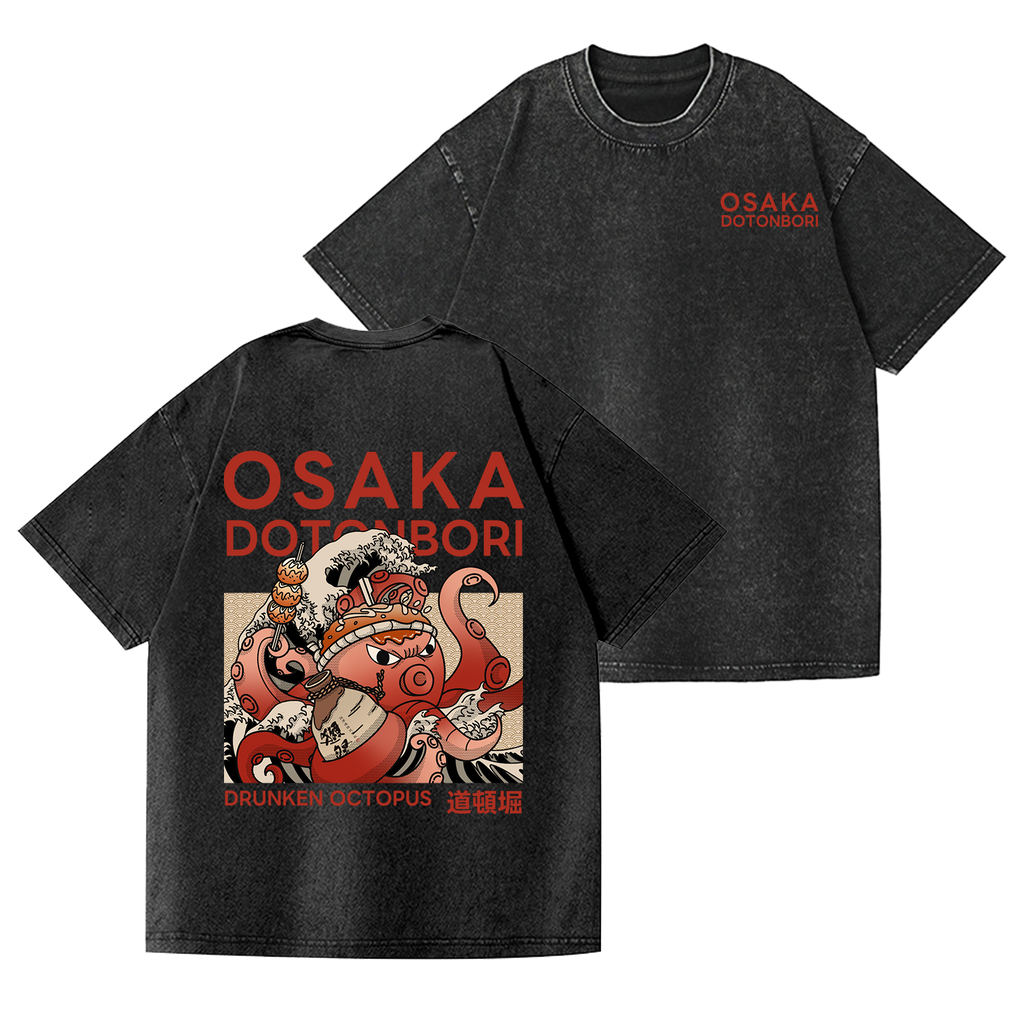 Osaka Dotonbori Drunken Octopus Vintage Wash Japanese Design Back Art T-Shirt