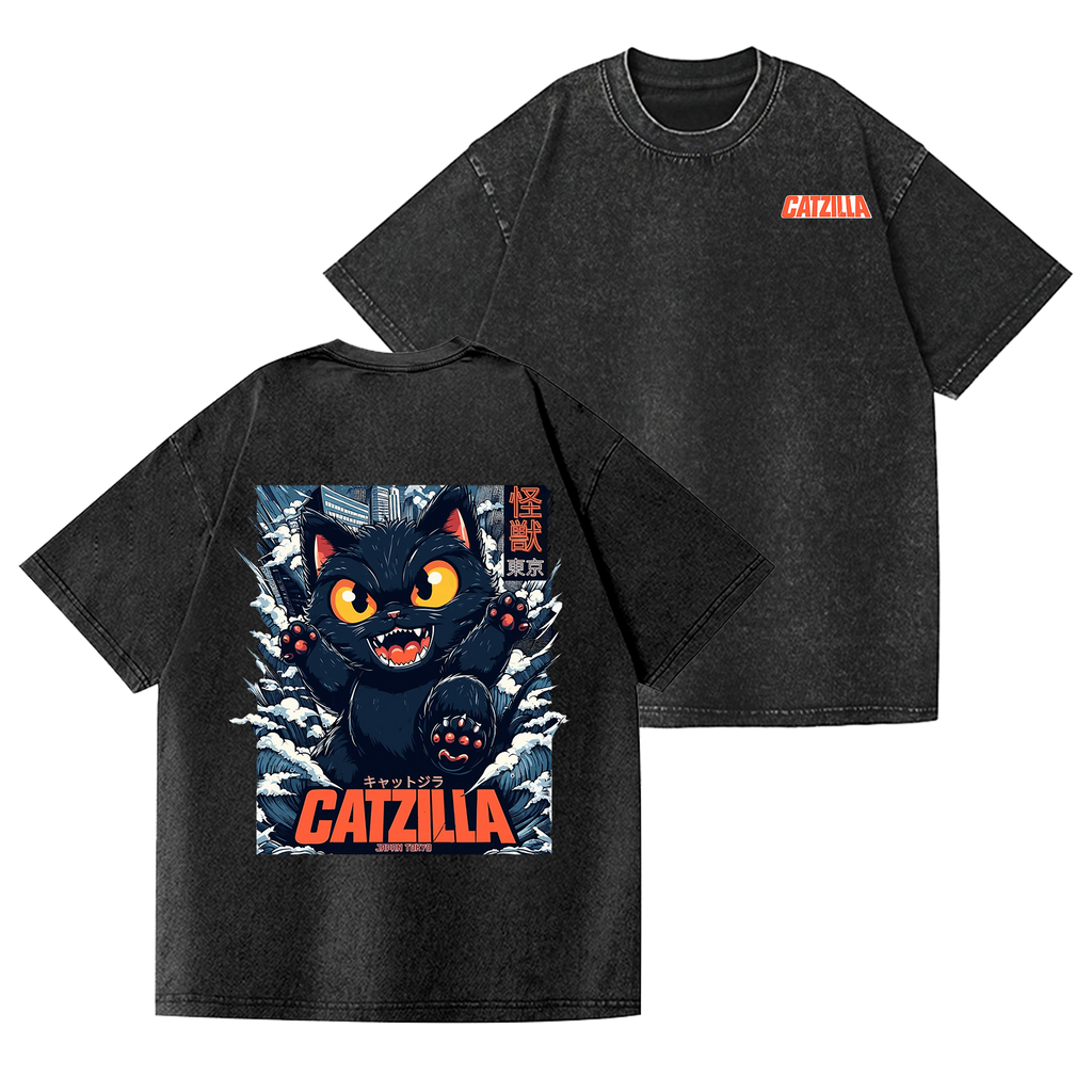 Catzilla Cat Vintage Wash Japanese Design Back Art T-Shirt