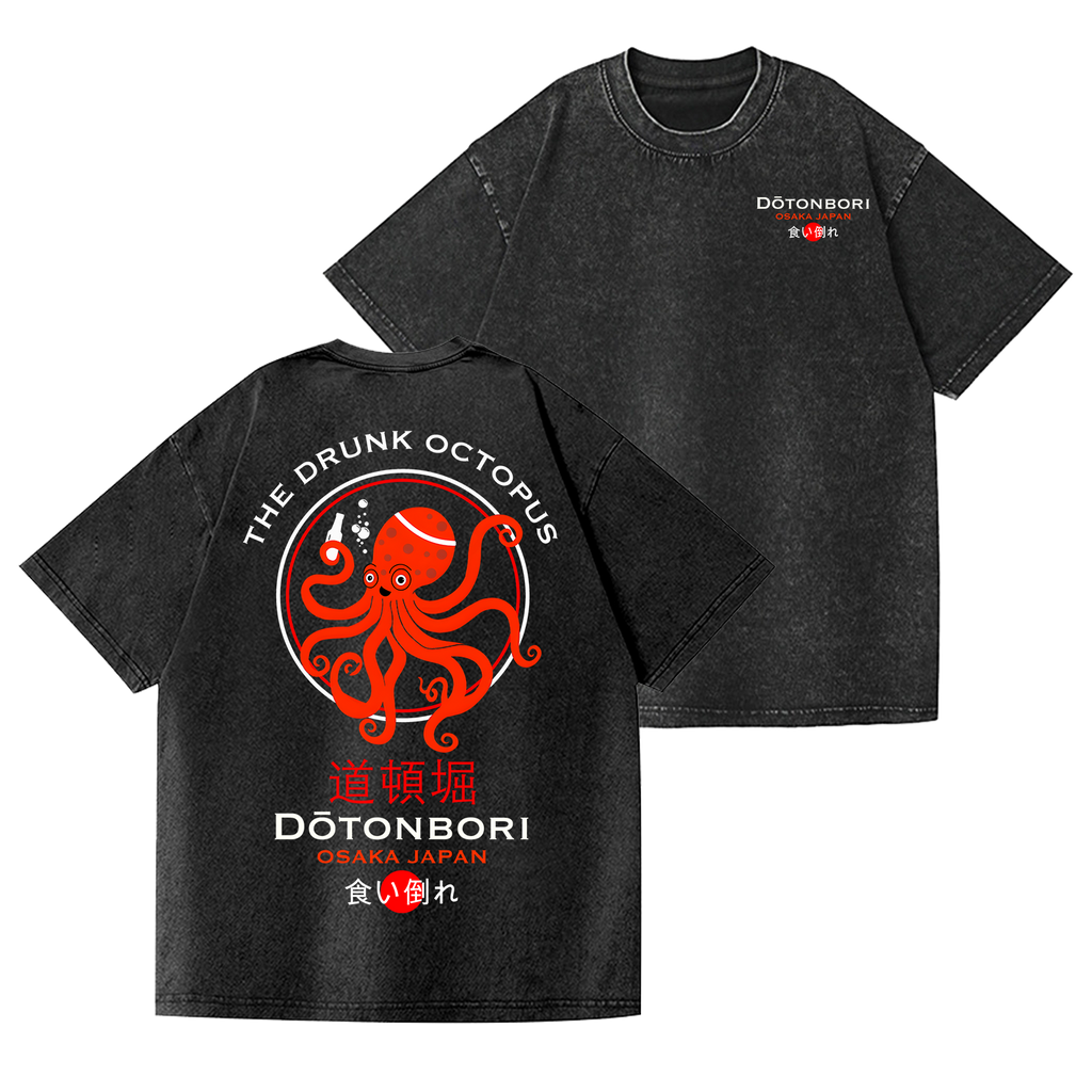 Osaka Dotonbori Drunken Octopus Vintage Wash Japanese Design Back Art T-Shirt