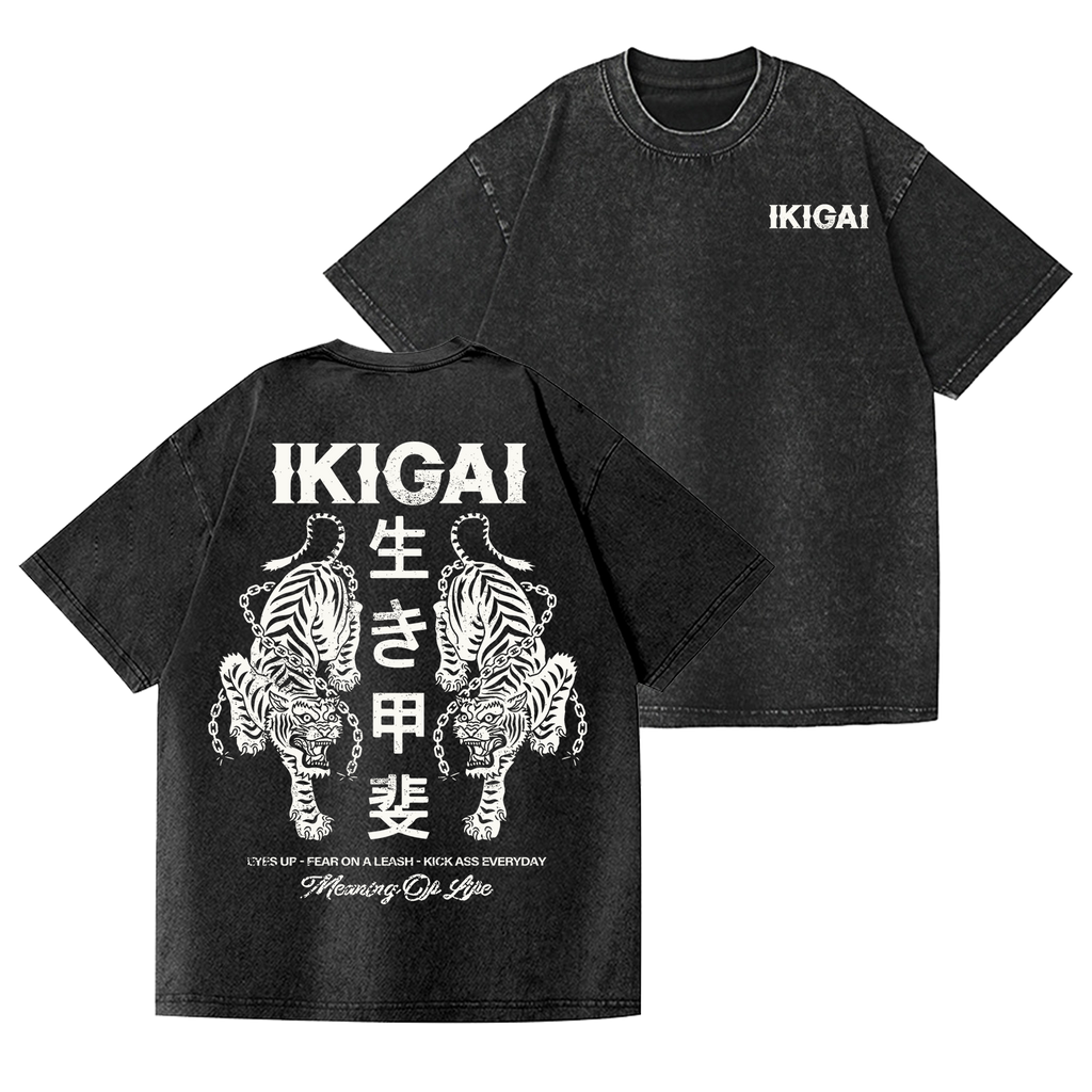 Ikigai Tiger Vintage Wash Japanese Design Back Art T-Shirt