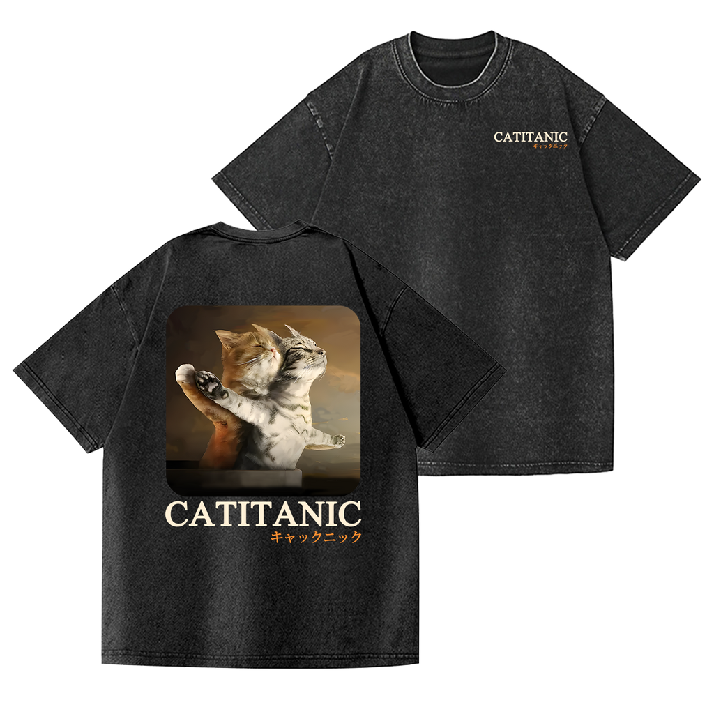 Catitanic Cat Vintage Wash Japanese Design Back Art T-Shirt