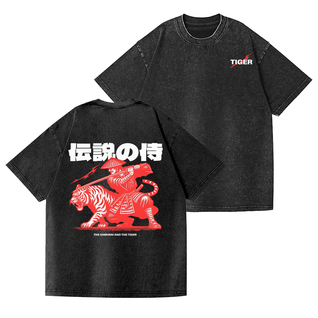 Tiger Samurai Vintage Wash Japanese Design Back Art T-Shirt