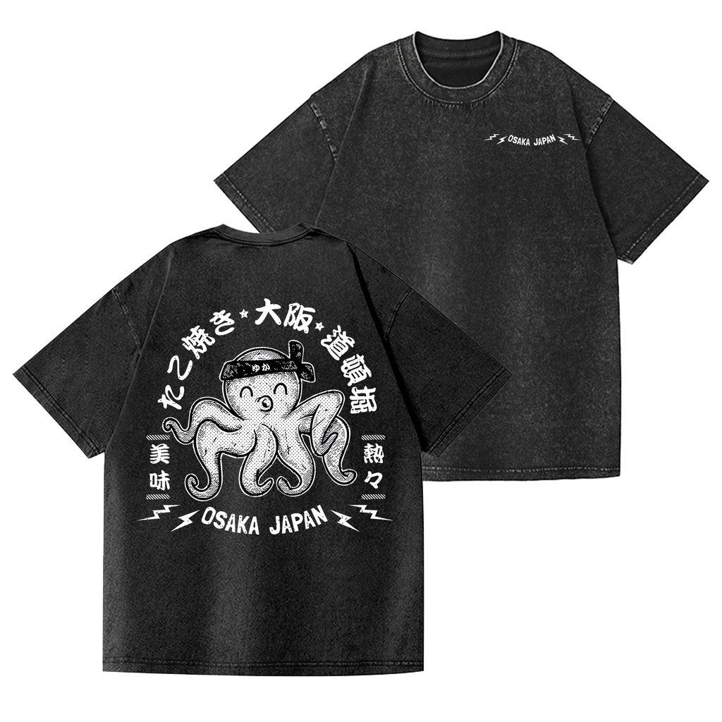 Osaka Dotonbori Octopus Vintage Wash Japanese Design Back Art T-Shirt