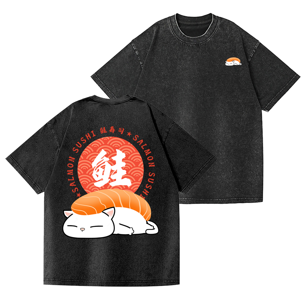 Cat Vintage Wash Japanese Design Back Art T-Shirt
