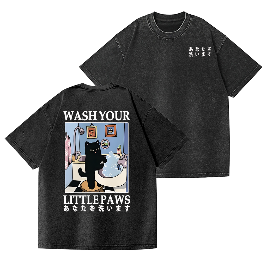 Black Cat Vintage Wash Japanese Design Back Art T-Shirt