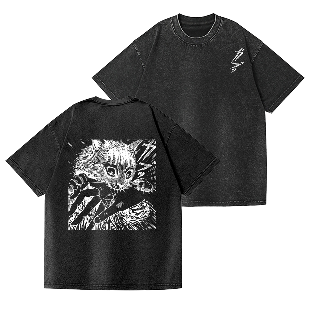 Cat Vintage Wash Japanese Design Back Art T-Shirt