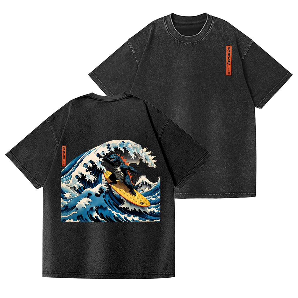 Surfing Kaiju Vintage Wash Japanese Design Back Art T-Shirt