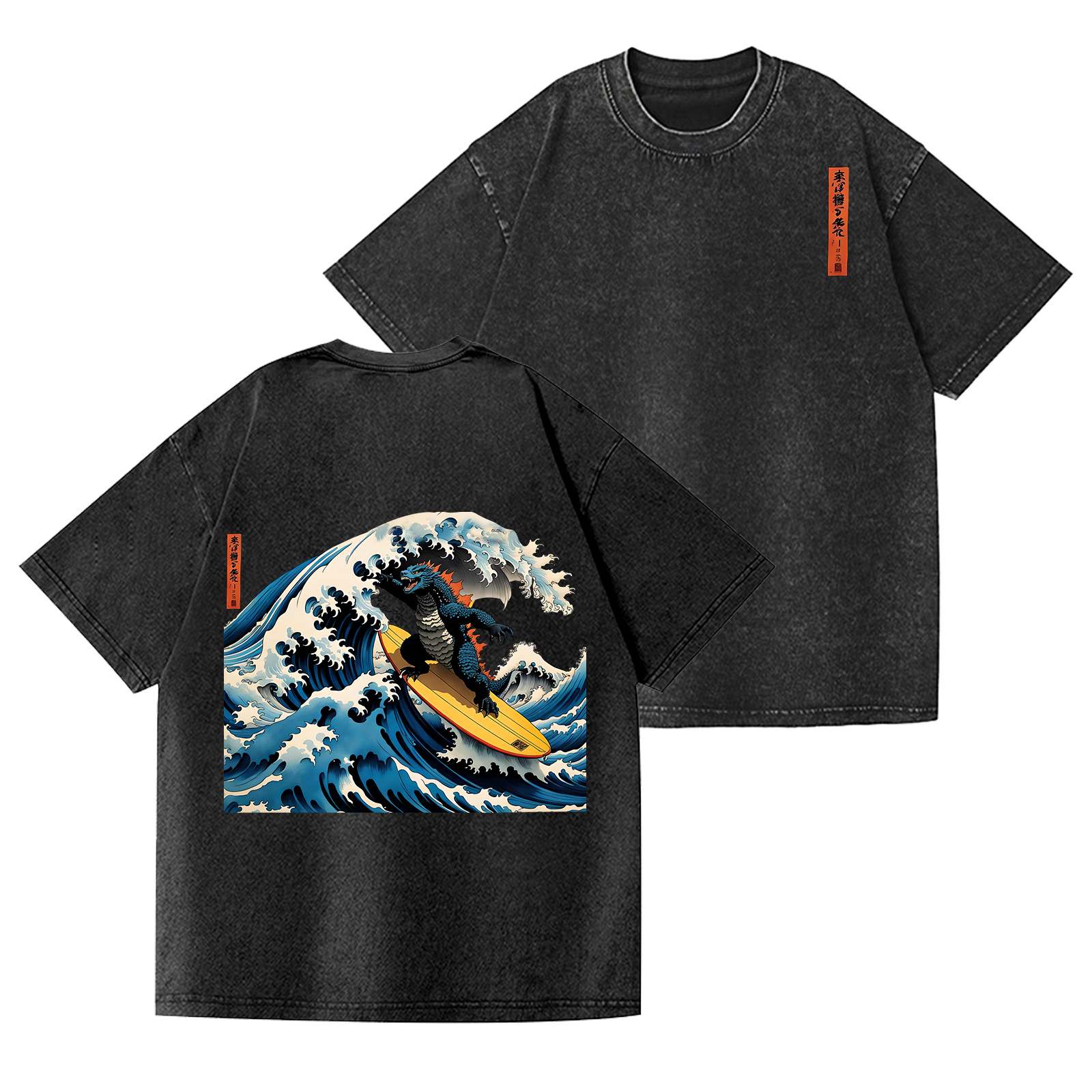 Surfing Kaiju Vintage Wash Japanese Design Back Art T-Shirt
