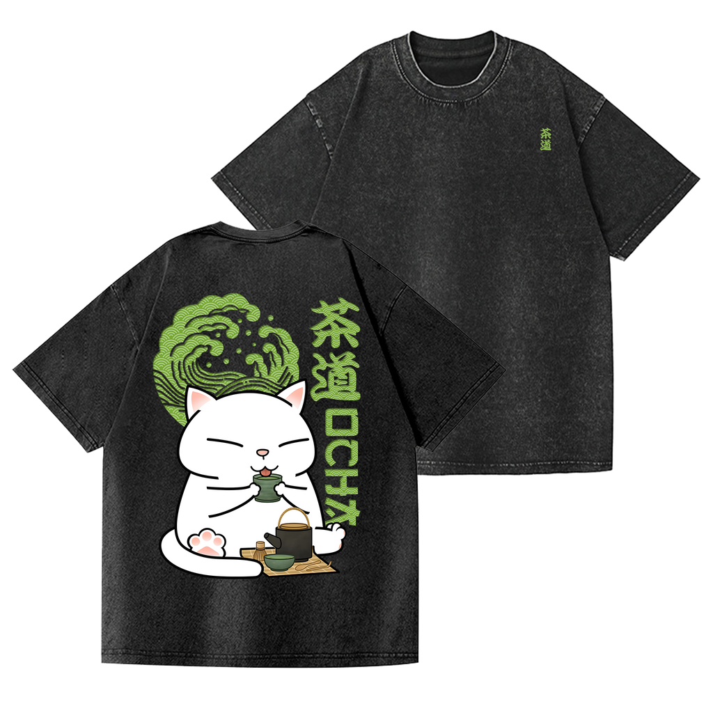 Tea Ceremony Cat Vintage Wash Japanese Design Back Art T-Shirt
