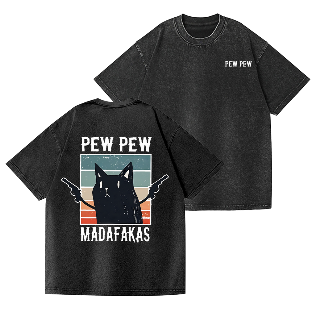 Pew Pew Cat Vintage Wash Japanese Design Back Art T-Shirt