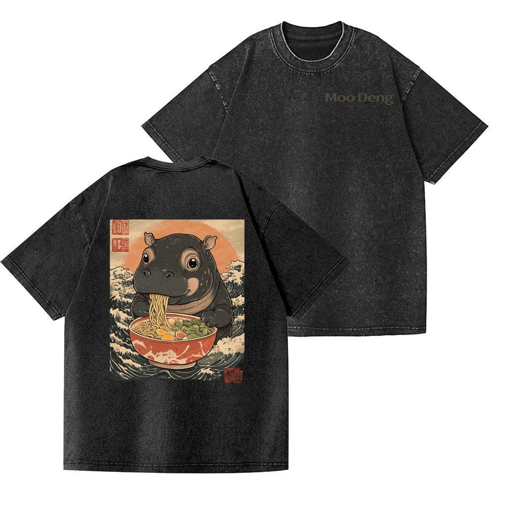 Ramen Hippo Ukiyoe Wave Vintage Wash Japanese Design Back Art T-Shirt