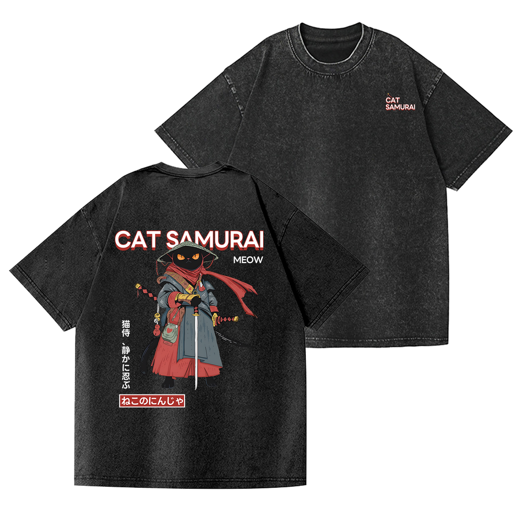 Cat Samurai Vintage Wash Japanese Design Back Art T-Shirt