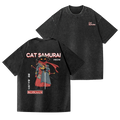 Cat Samurai Vintage Wash Japanese Design Back Art T-Shirt