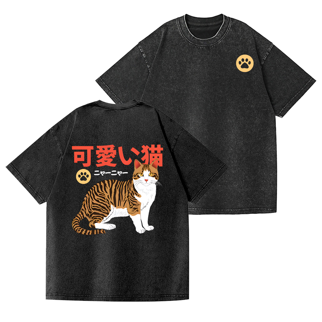 Cute Cat Vintage Wash Japanese Design Back Art T-Shirt
