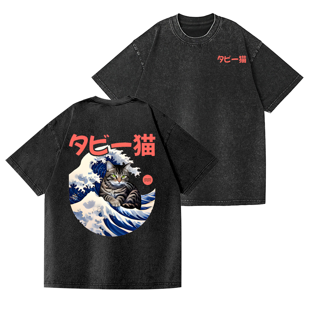 Cat Vintage Wash Japanese Design Back Art T-Shirt