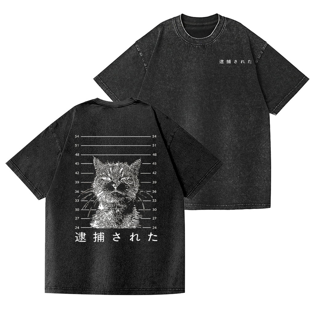 Cat Vintage Wash Japanese Design Back Art T-Shirt