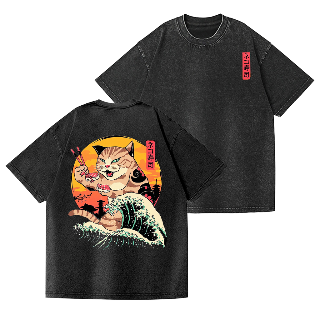 Sushi Cat Vintage Wash Japanese Design Back Art T-Shirt