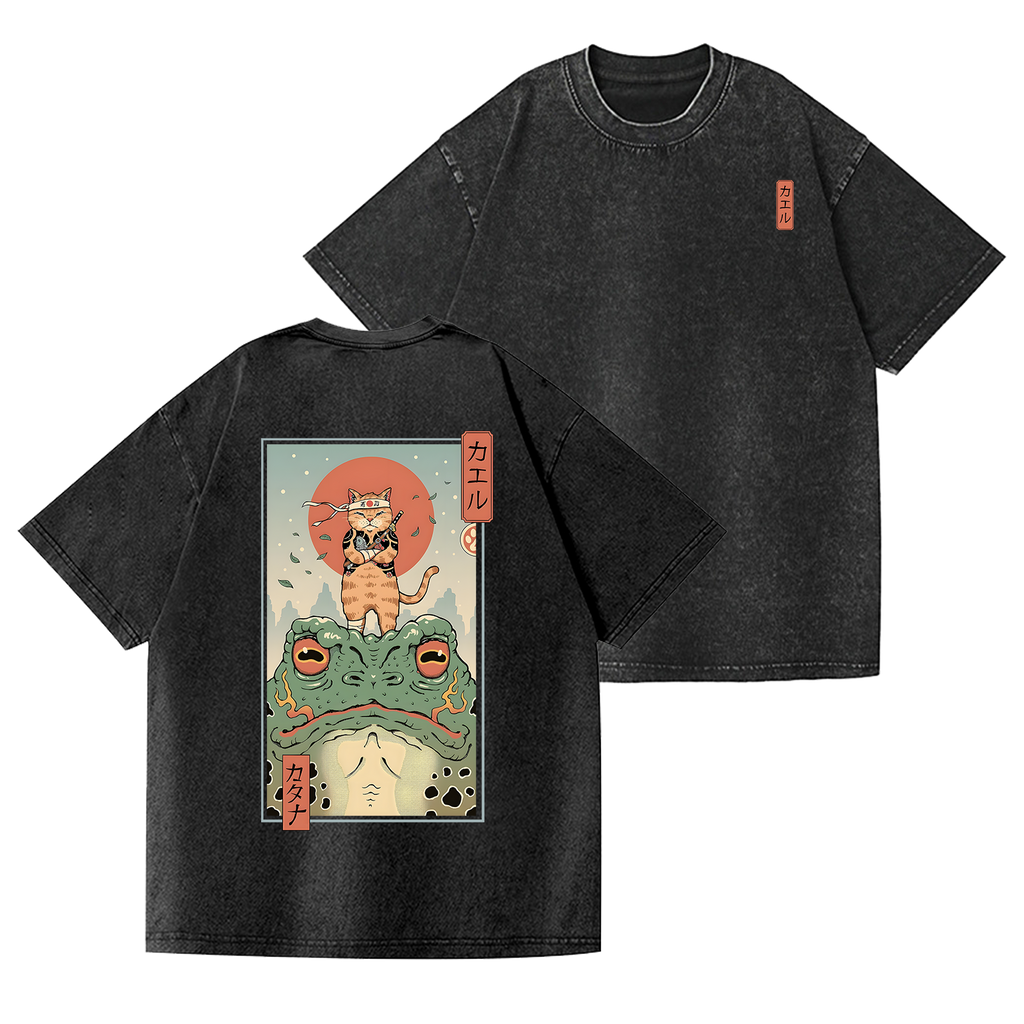 Samurai Cat VintaSge Wash Japanese Design Back Art T-Shirt