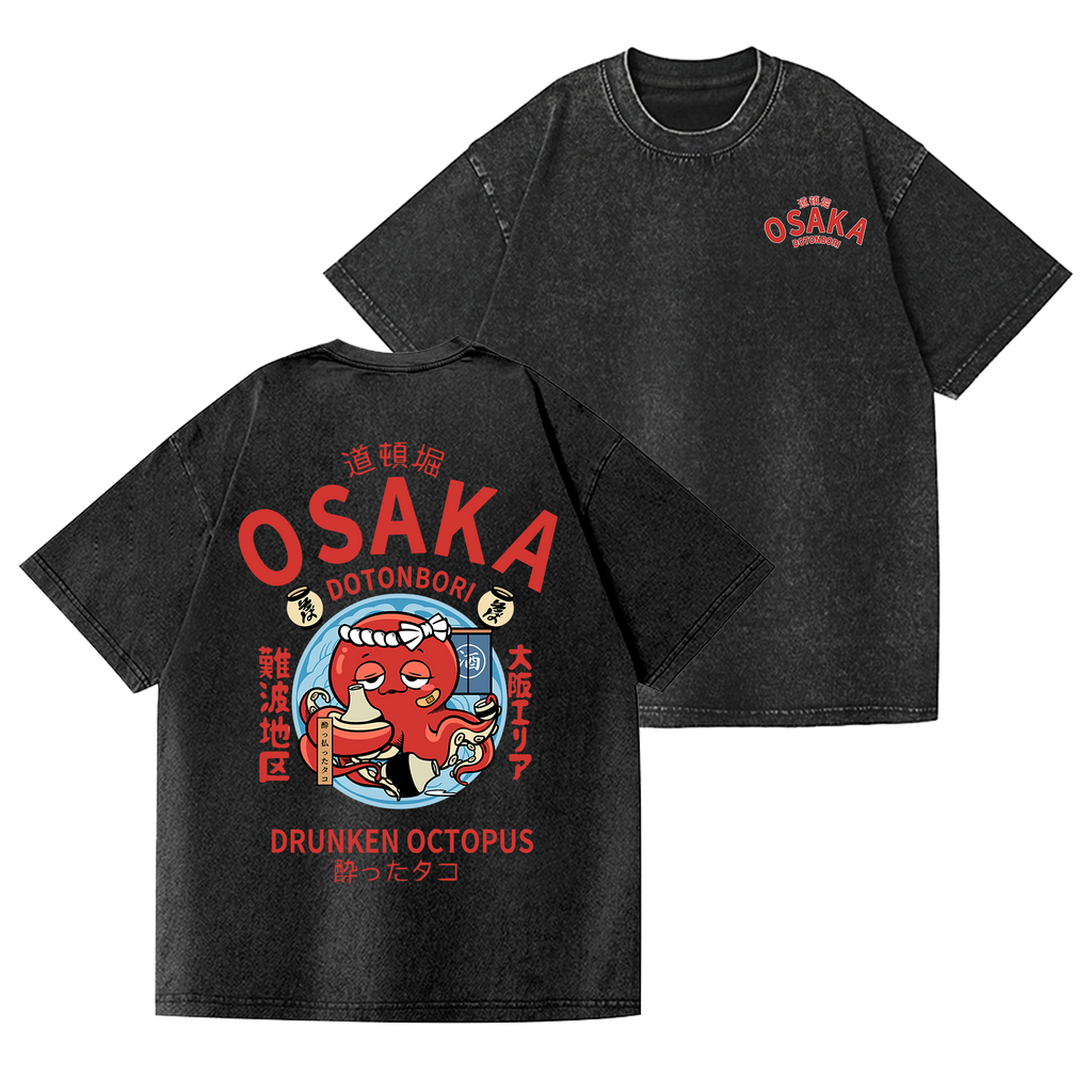 Osaka Dotonbori Drunken Octopus Vintage Wash Japanese Design Back Art T-Shirt