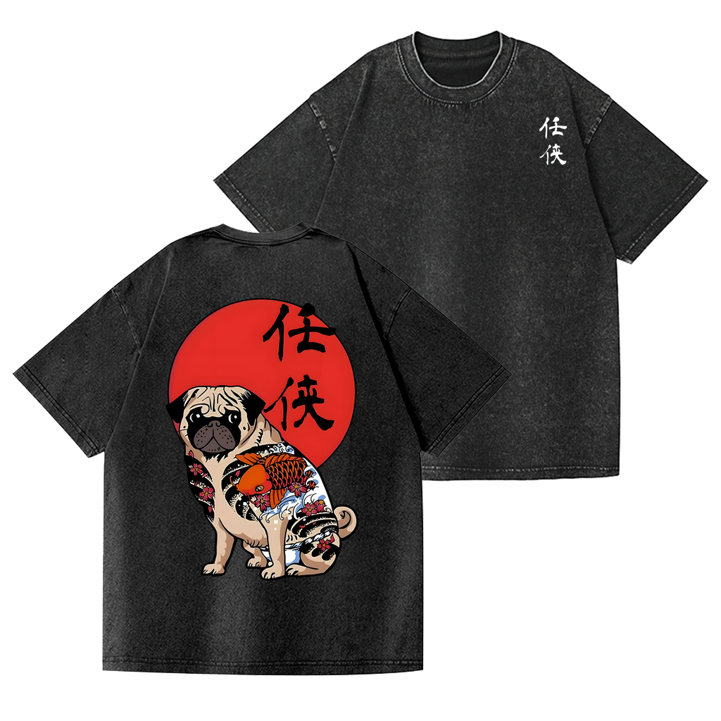 Dog Vintage Wash Japanese Design Back Art T-Shirt