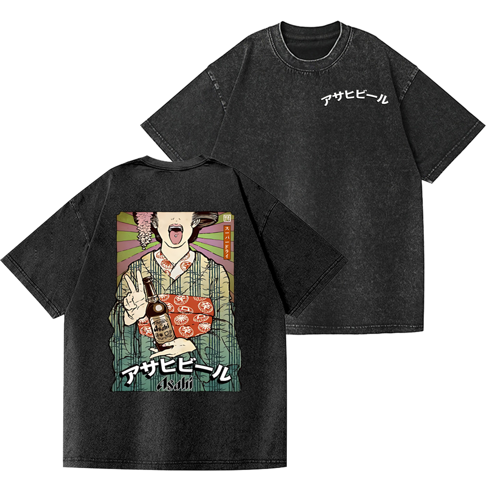 Asahi Breweries Beer Vintage Wash Japanese Design Back Art T-Shirt
