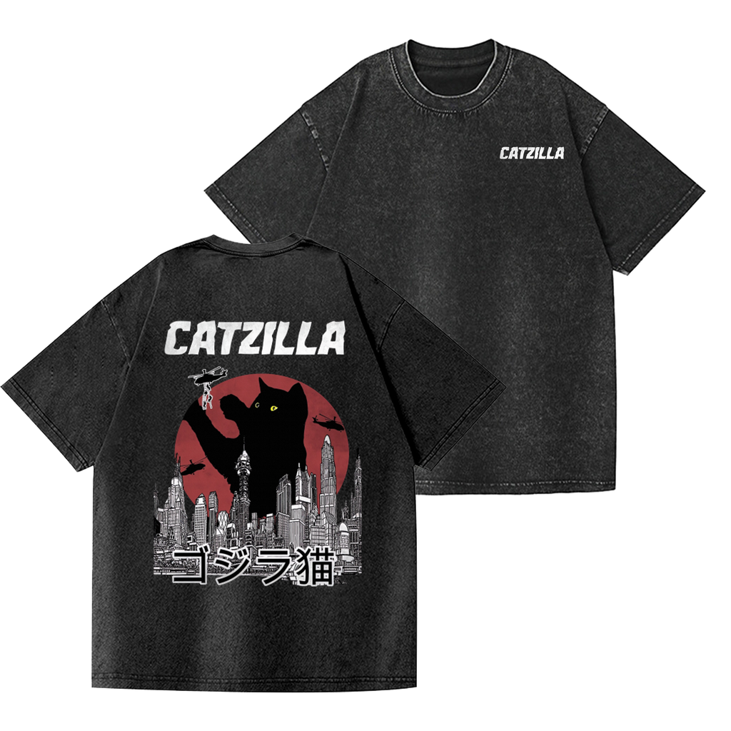 Cat Kaiju Catzilla Vintage Wash Japanese Design Back Art T-Shirt