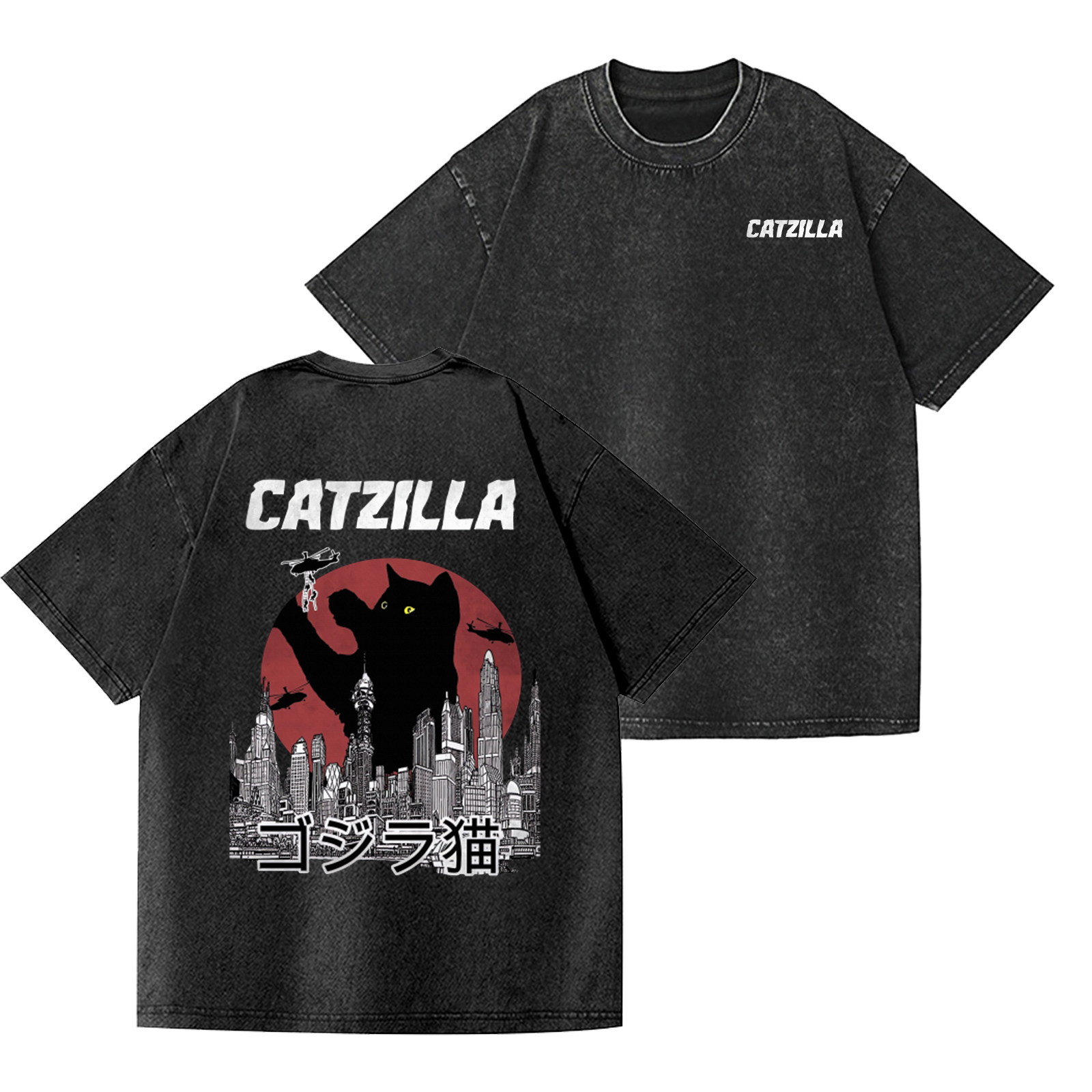 Cat Kaiju Catzilla Vintage Wash Japanese Design Back Art T-Shirt