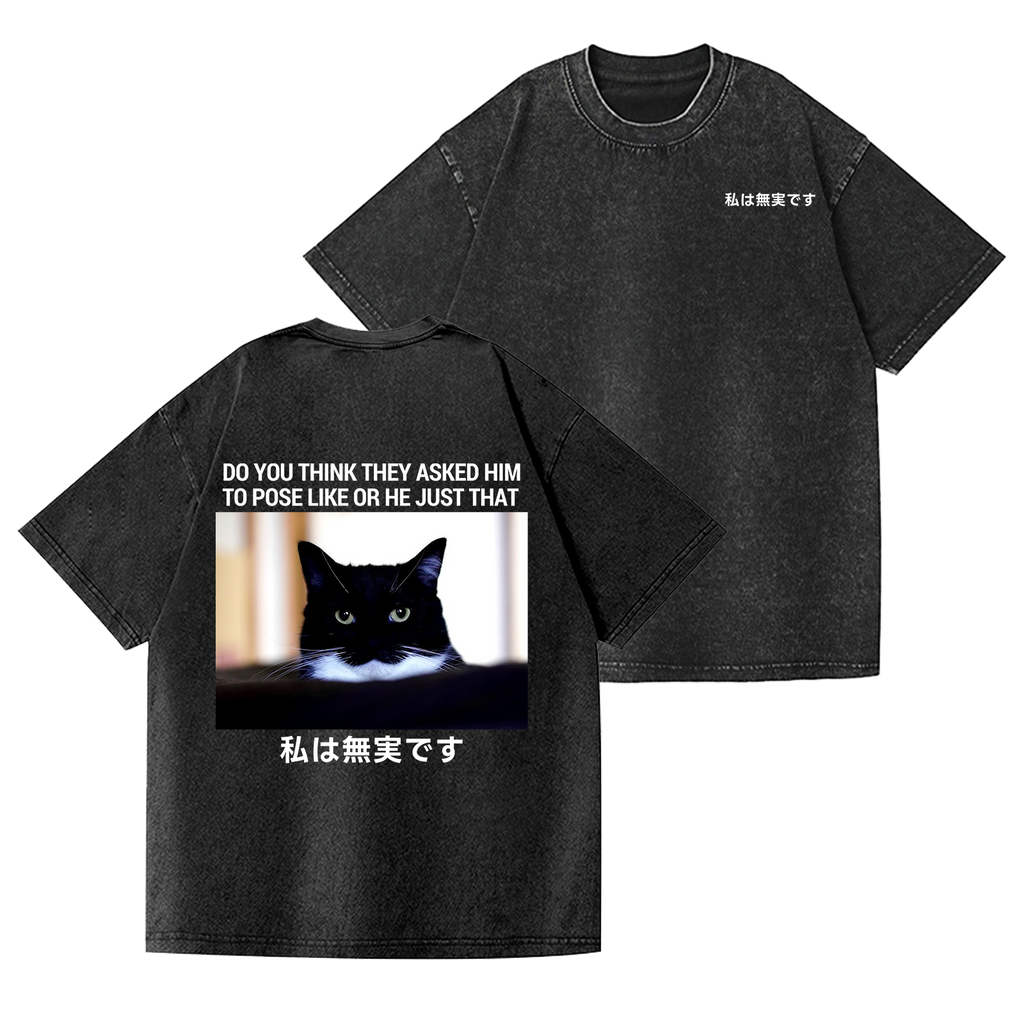 Cat Vintage Wash Japanese Design Back Art T-Shirt