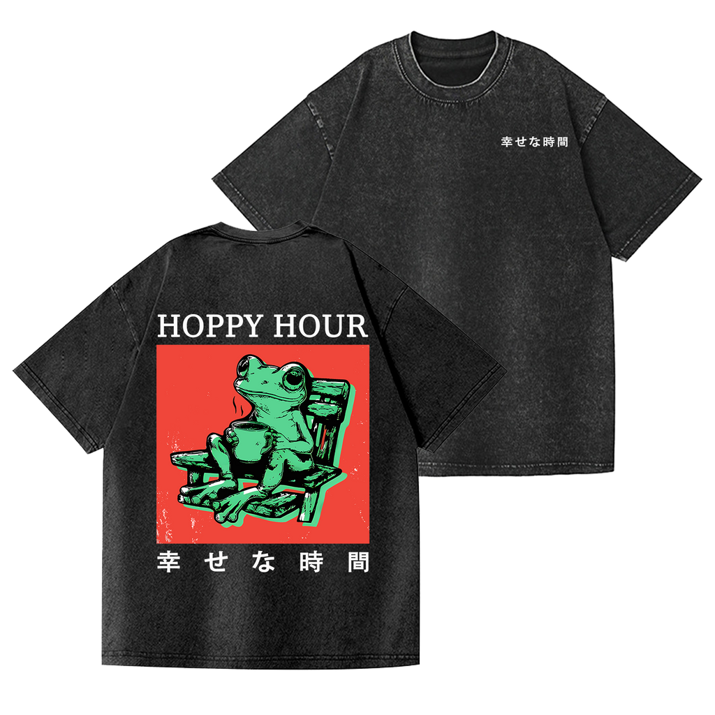 Hoppy Hour Frog Vintage Wash Japanese Design Back Art T-Shirt
