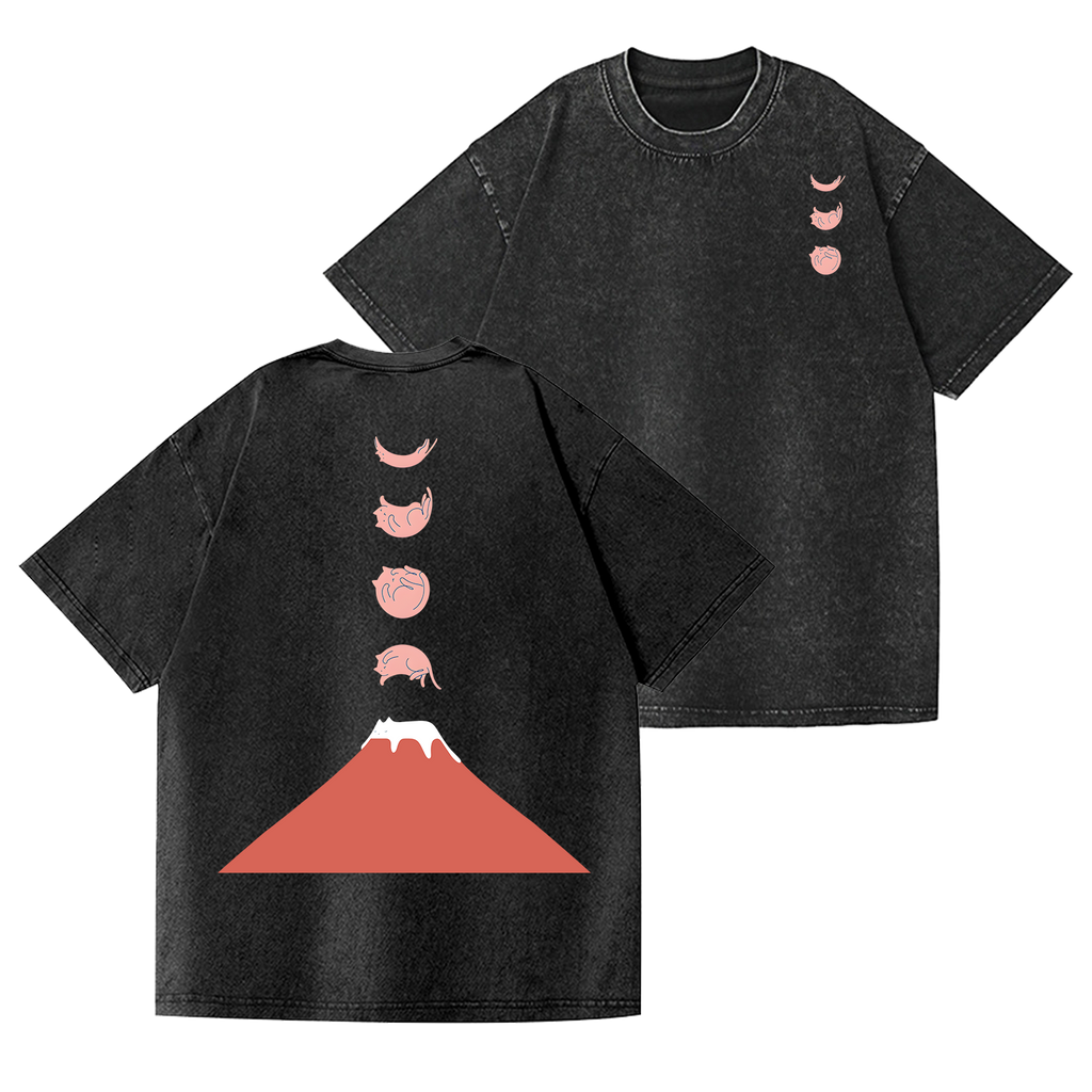 Cat Mount Fuji Vintage Wash Japanese Design Back Art T-Shirt