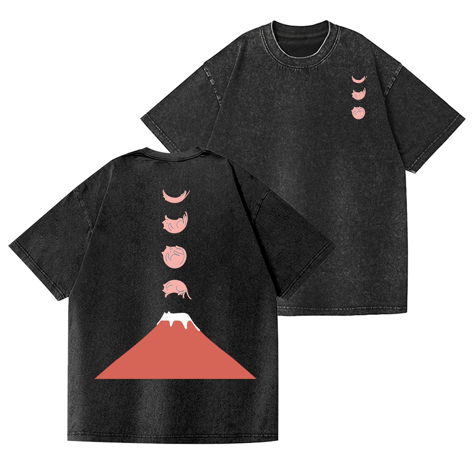 Cat Mount Fuji Vintage Wash Japanese Design Back Art T-Shirt
