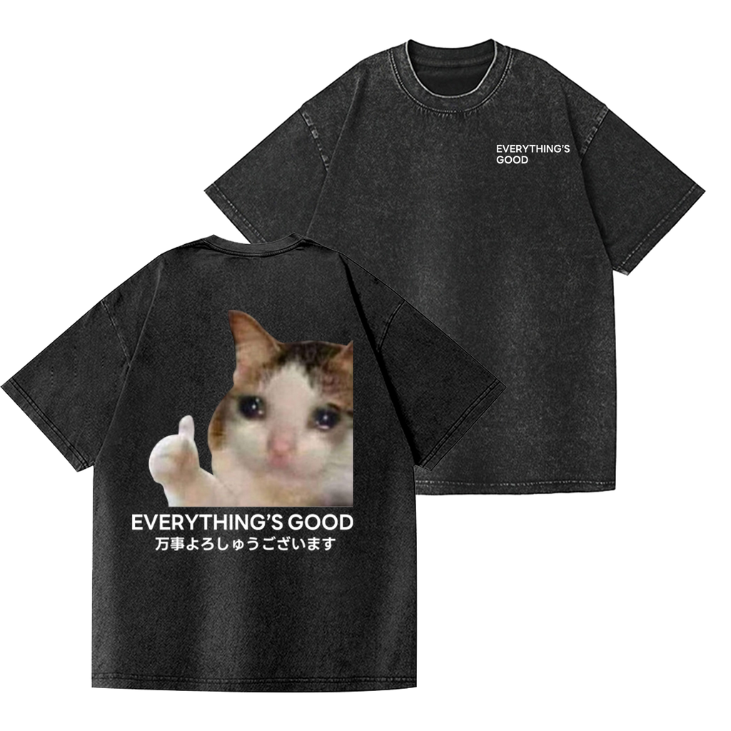 Cat Vintage Wash Japanese Design Back Art T-Shirt