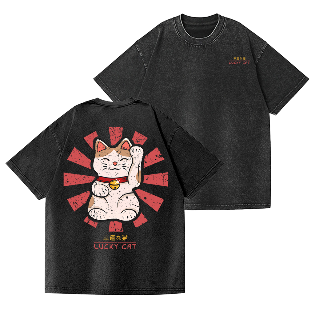 Lucky Cat Vintage Wash Japanese Design Back Art T-Shirt